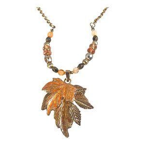 Vine Leaf Pendant Necklace 16" Gold Plated Leaves Choker Fall Harvest Rustic VTG